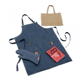 Jamie Oliver Cookbook With Denim Apron, Kitchen Glove and Jute Bag Jamie Oliver Cookbook With Denim Apron, Kitchen Glove and Jute Bag