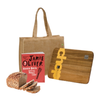 Jamie Oliver Cookbook With Salt and Pepper Timber Chopping Board and Jute Bag