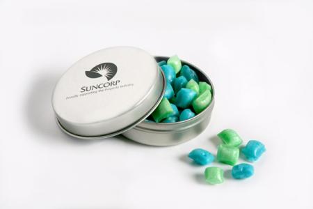 CANDLE TIN FILLED WITH CORPORATE COLOURED TINY HUM