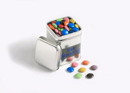 MEDIUM SQUARE TIN FILLED WITH CHOC BEANS 160G