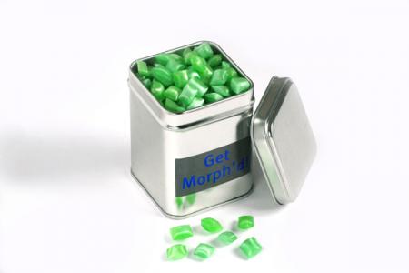 MEDIUM SQUARE TIN FILLED WITH CORP COLOURED HUMBUG