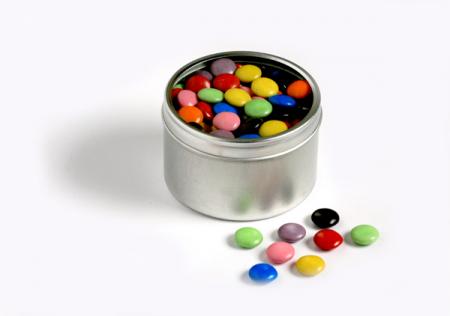 SMALL ROUND WINDOW TIN FILLLED WITH CHOC BEANS 170