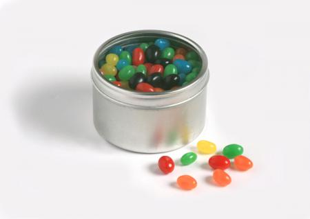 SMALL ROUND WINDOW TIN FILLLED WITH MINI JELLY BEA